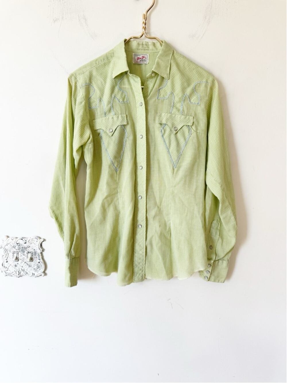 Tem Tex Vintage Green Gingham Embroidered Xtra Long Tails Western Shirt 15 / M